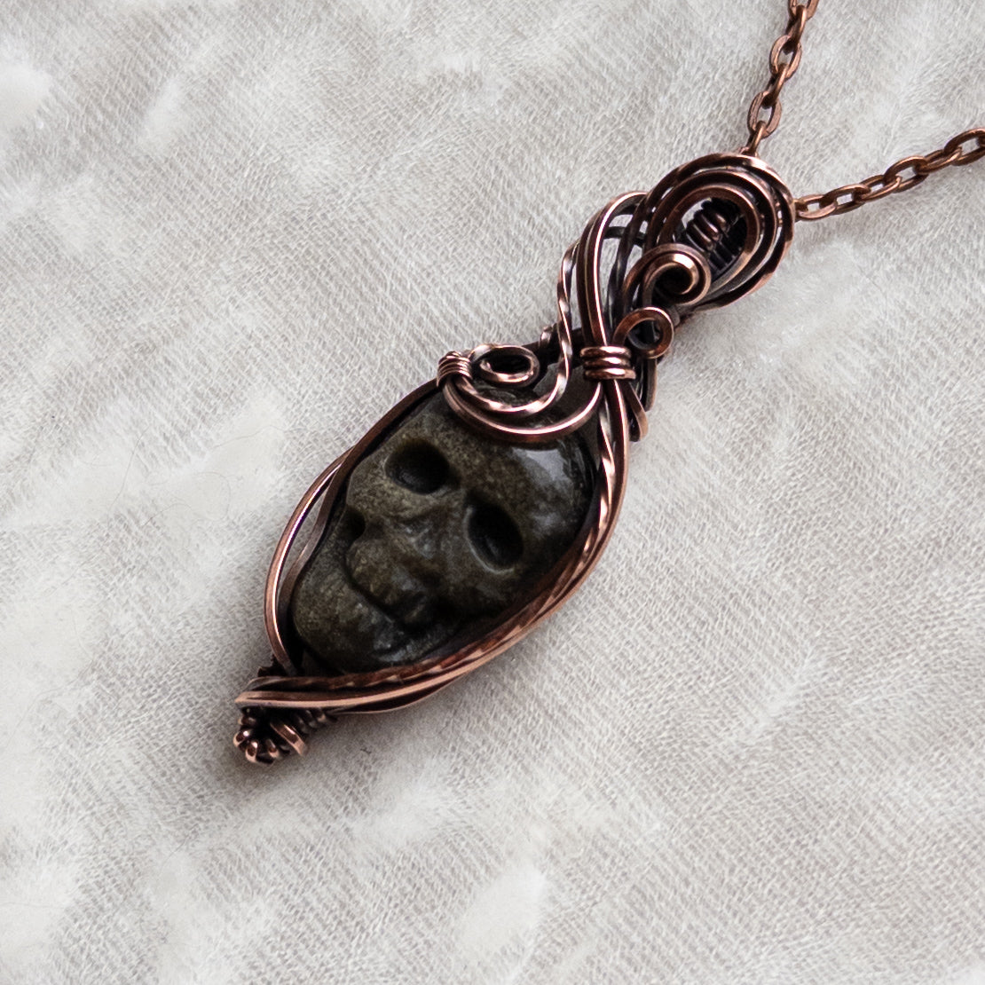 Gold Sheen Obsidian Skull Antiqued Copper Pendant