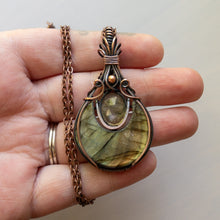 Load image into Gallery viewer, Labradorite Moon &amp; Faceted Green Rutile Copper Wrapped Pendant
