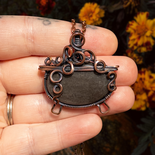 Silver Sheen Obsidian “Bubbling Cauldron” Antiqued Copper Pendant