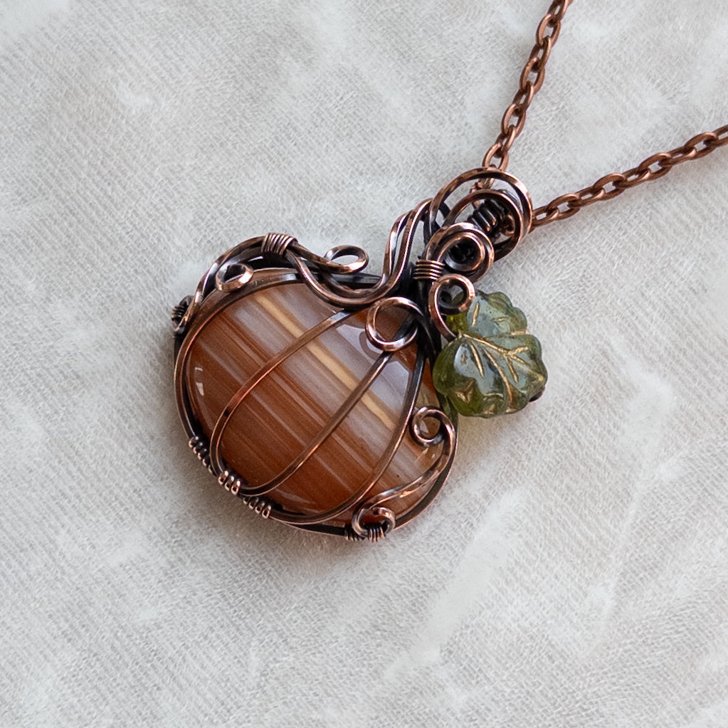 “Candy Corn” Agate Antiqued Copper Pumpkin Pendant With Czech Glass Leaf