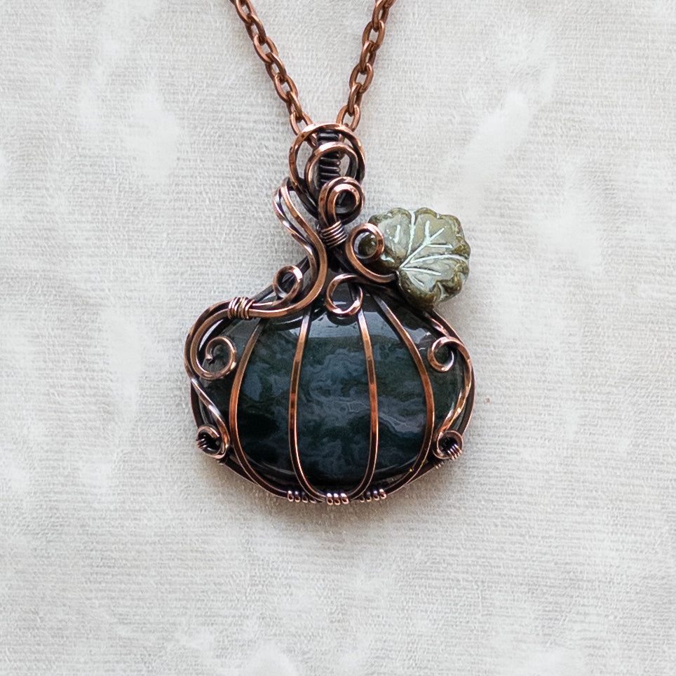 Moss Agate Antiqued Copper Pumpkin Pendant With Czech Glass Leaf