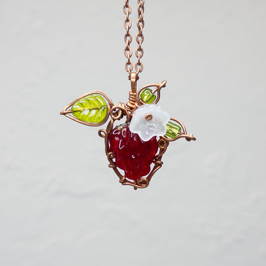 Whimsical Glass Raspberry Copper Wrapped Pendant with Glass Flower - B