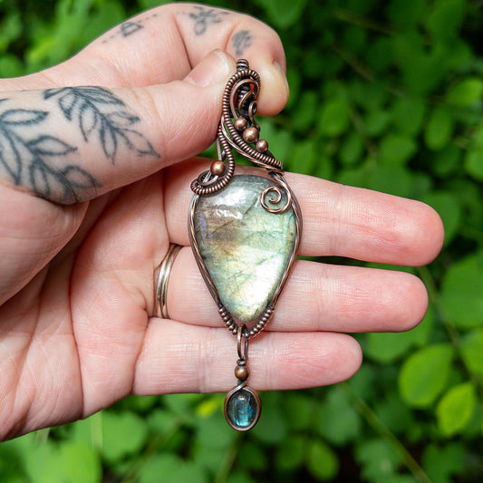 Labradorite With Labradorite Charm Copper Wrapped Pendant