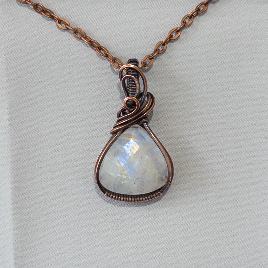 Rose Cut Rainbow Moonstone Copper Wrapped Pendant