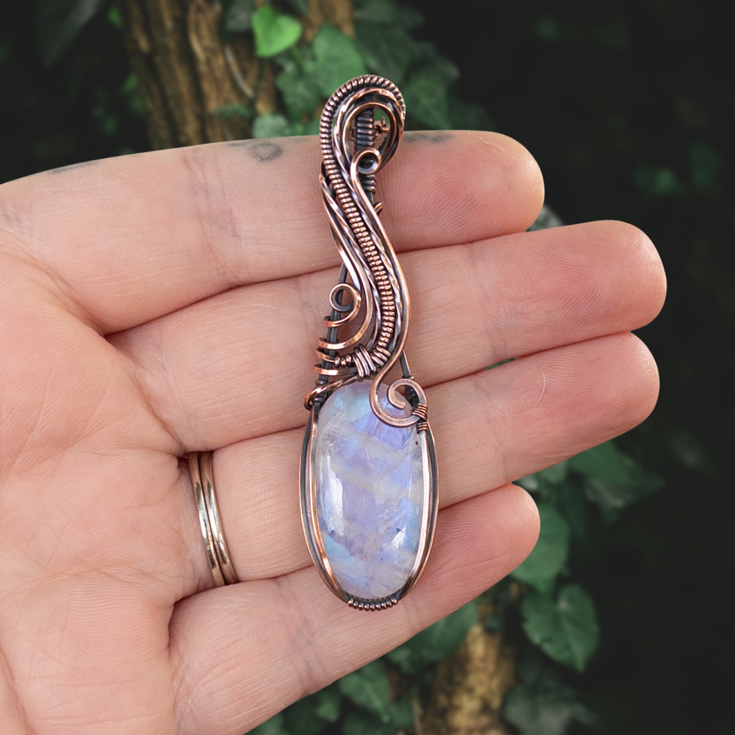 Blue Flash Moonstone Antiqued Copper Pendant