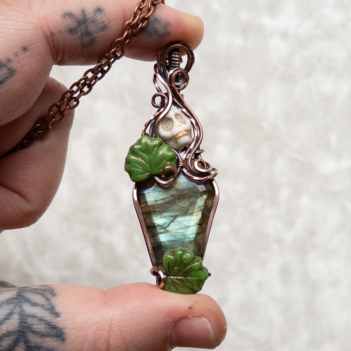 Labradorite Coffin & Skull Antiqued Copper Pendant With Czech Glass Leaves