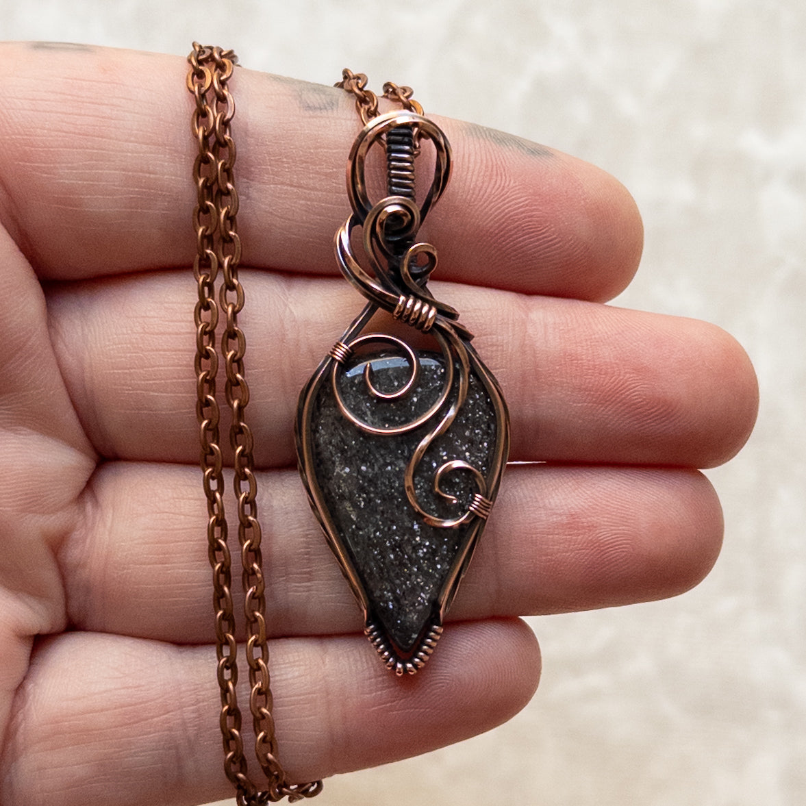 “Black Sunstone” Antiqued Copper Pendant