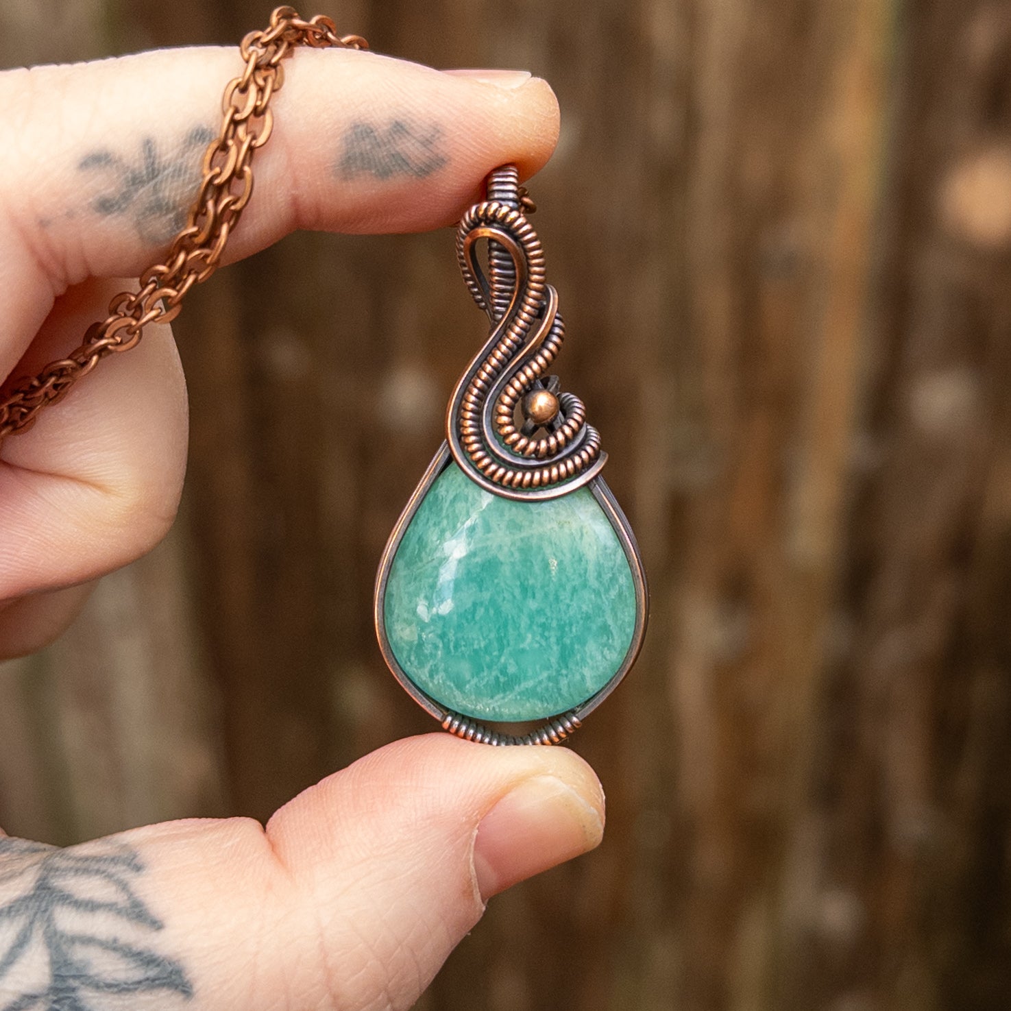 Amazonite, copper chain and hand-created textured copper pendent 2024 necklace