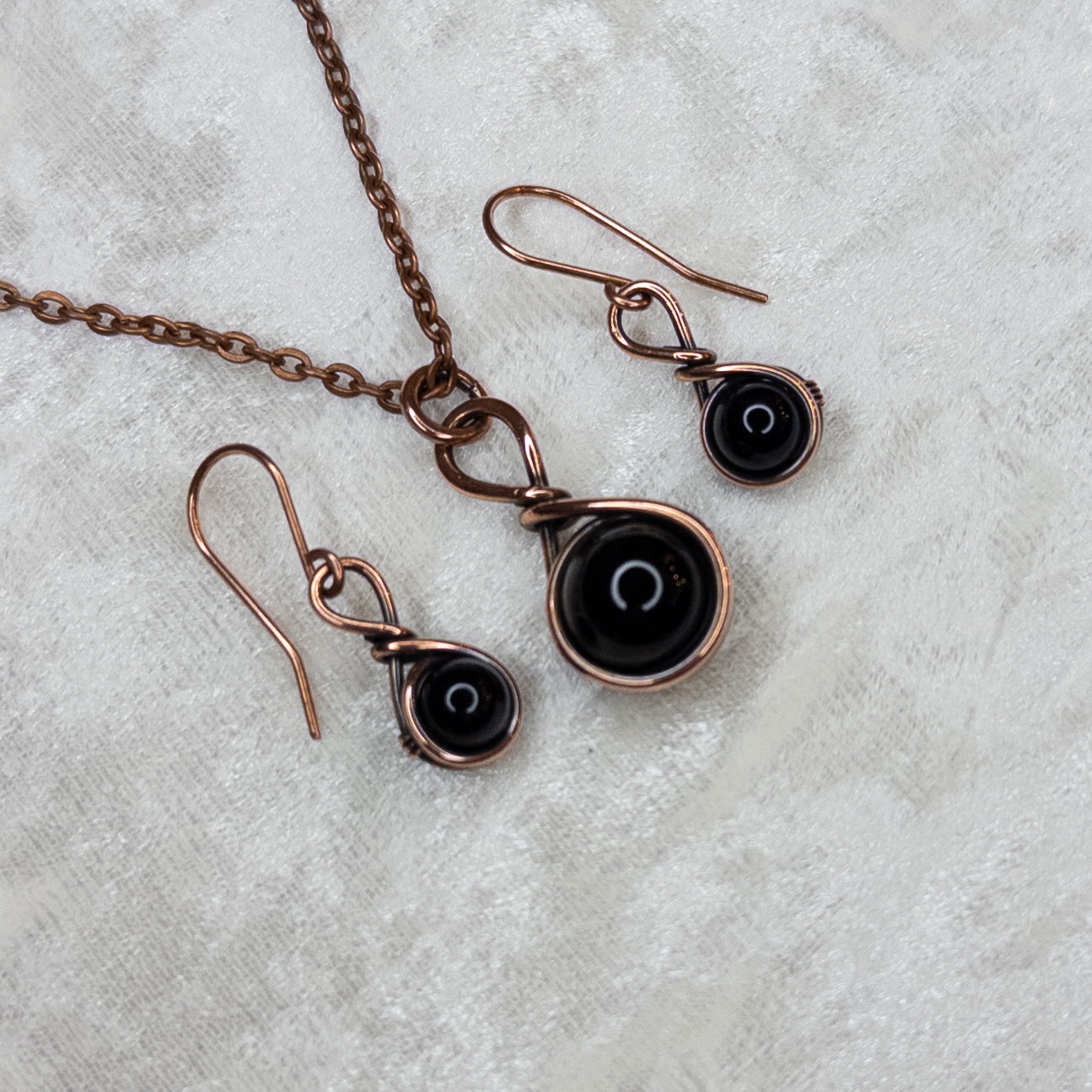 Drops of Obsidian Antiqued Copper Pendant & Earrings Set