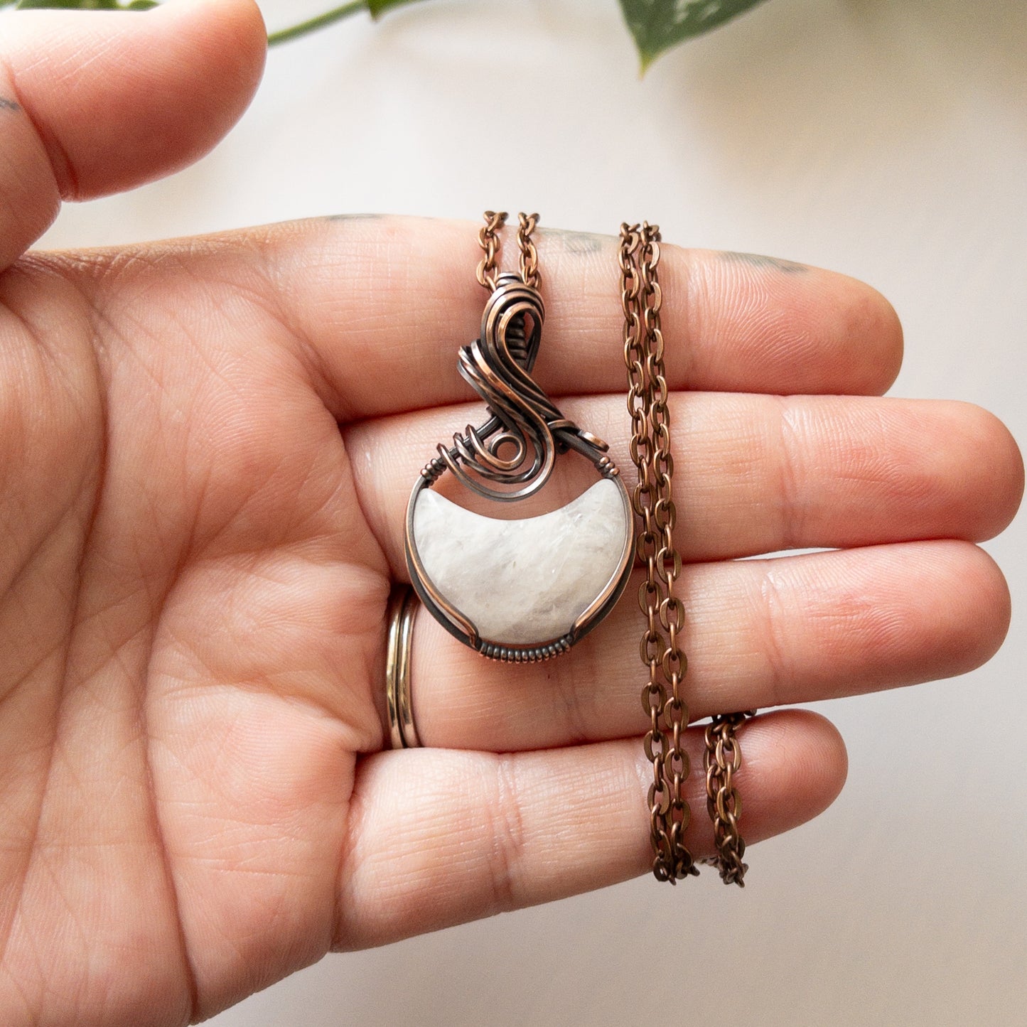 Moonstone Moon & Copper Wrapped Pendant