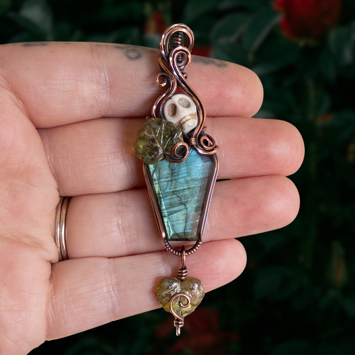Labradorite Coffin & Skull Antiqued Copper Pendant With Czech Glass Leaves