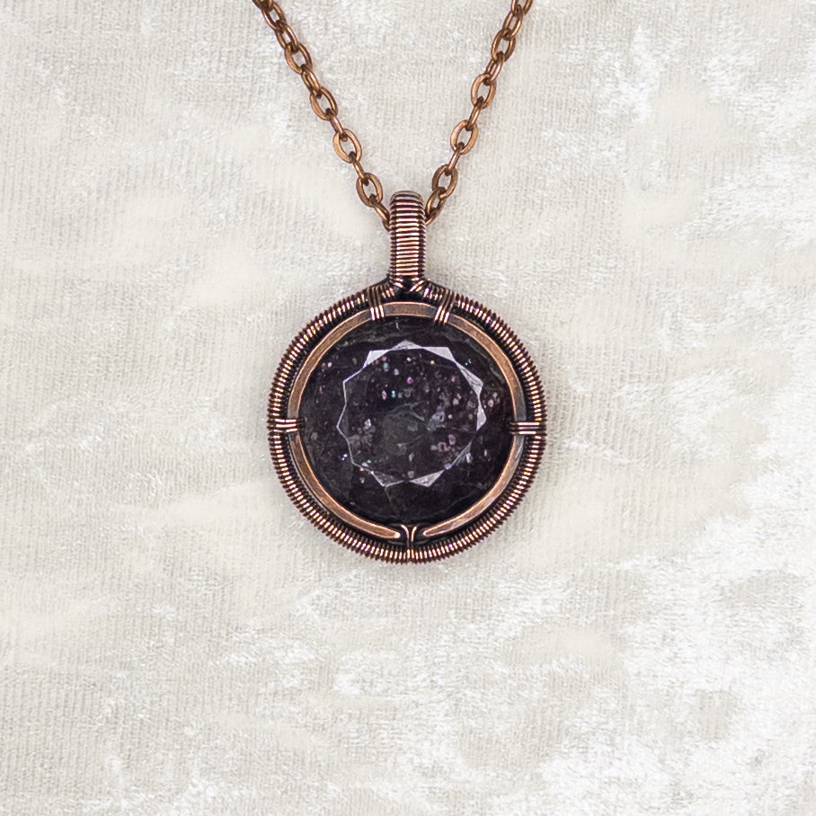 Faceted Bloodshot Iolite Antiqued Copper Medallion Pendant