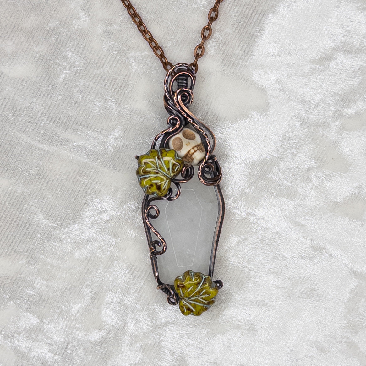 Quartz Coffin & Skull Antiqued Copper Pendant With Czech Glass Leaves