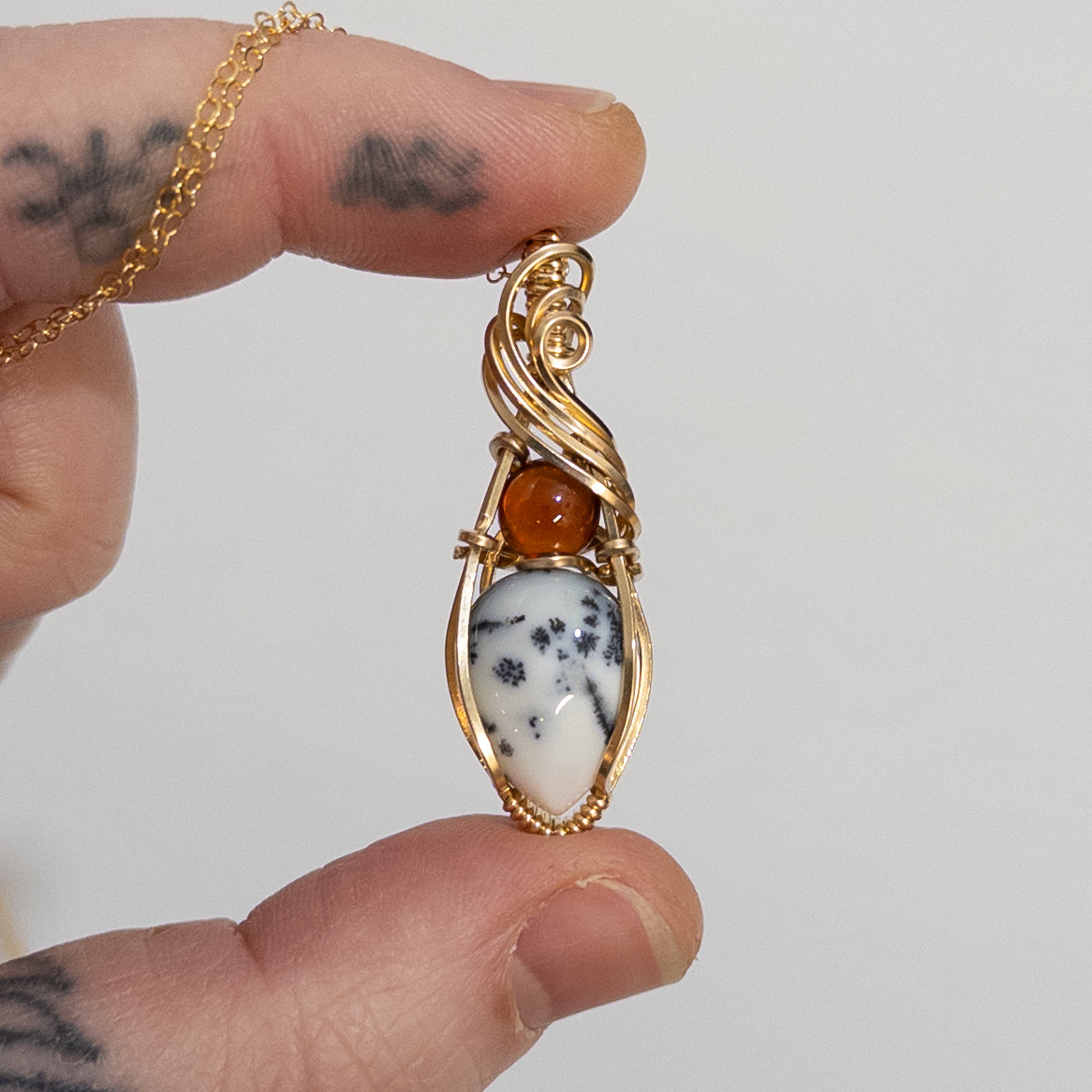 Dendritic Opal & Hessonite Garnet 14k Gold Fill Pendant