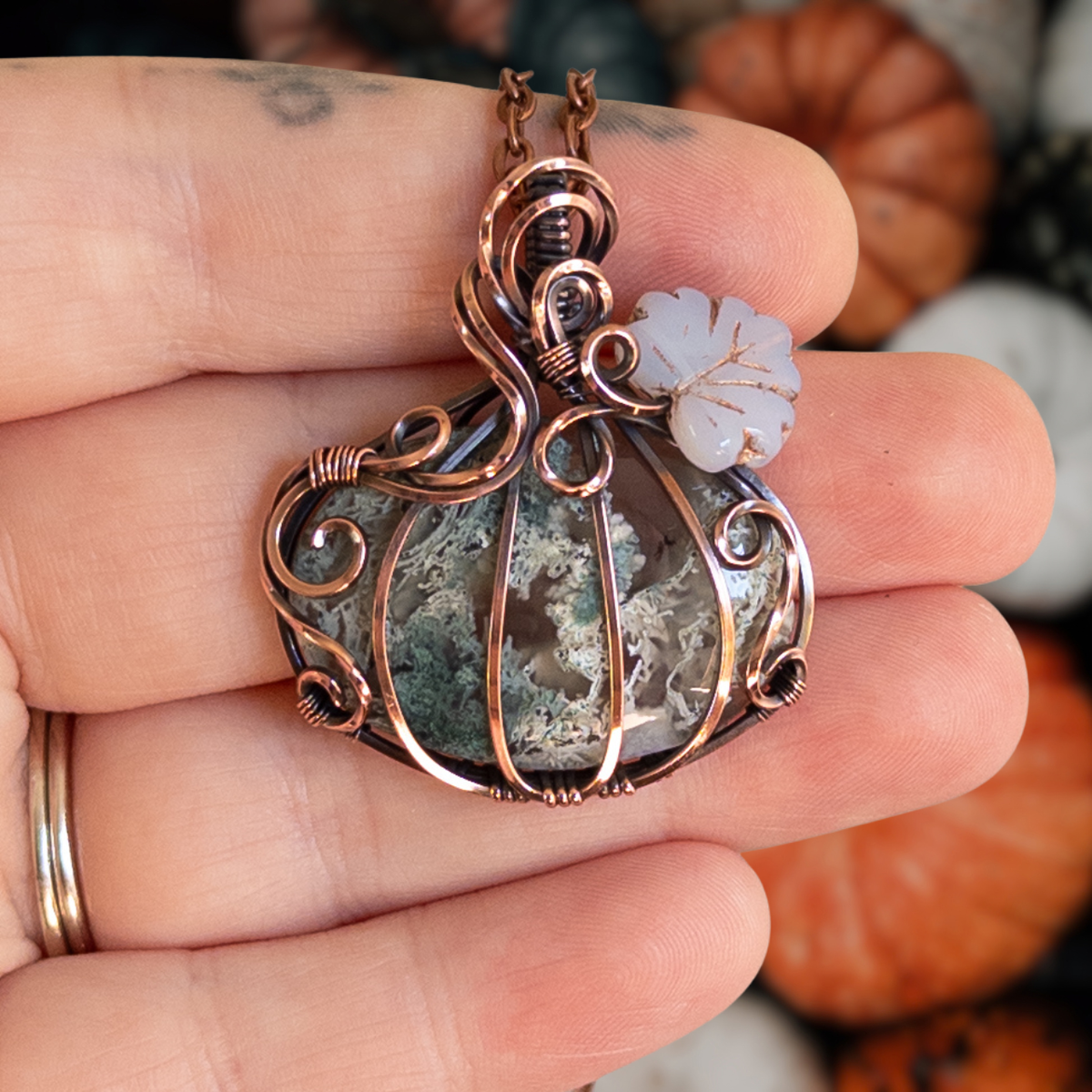 Moss Agate Antiqued Copper Pumpkin Pendant With Czech Glass Leaf