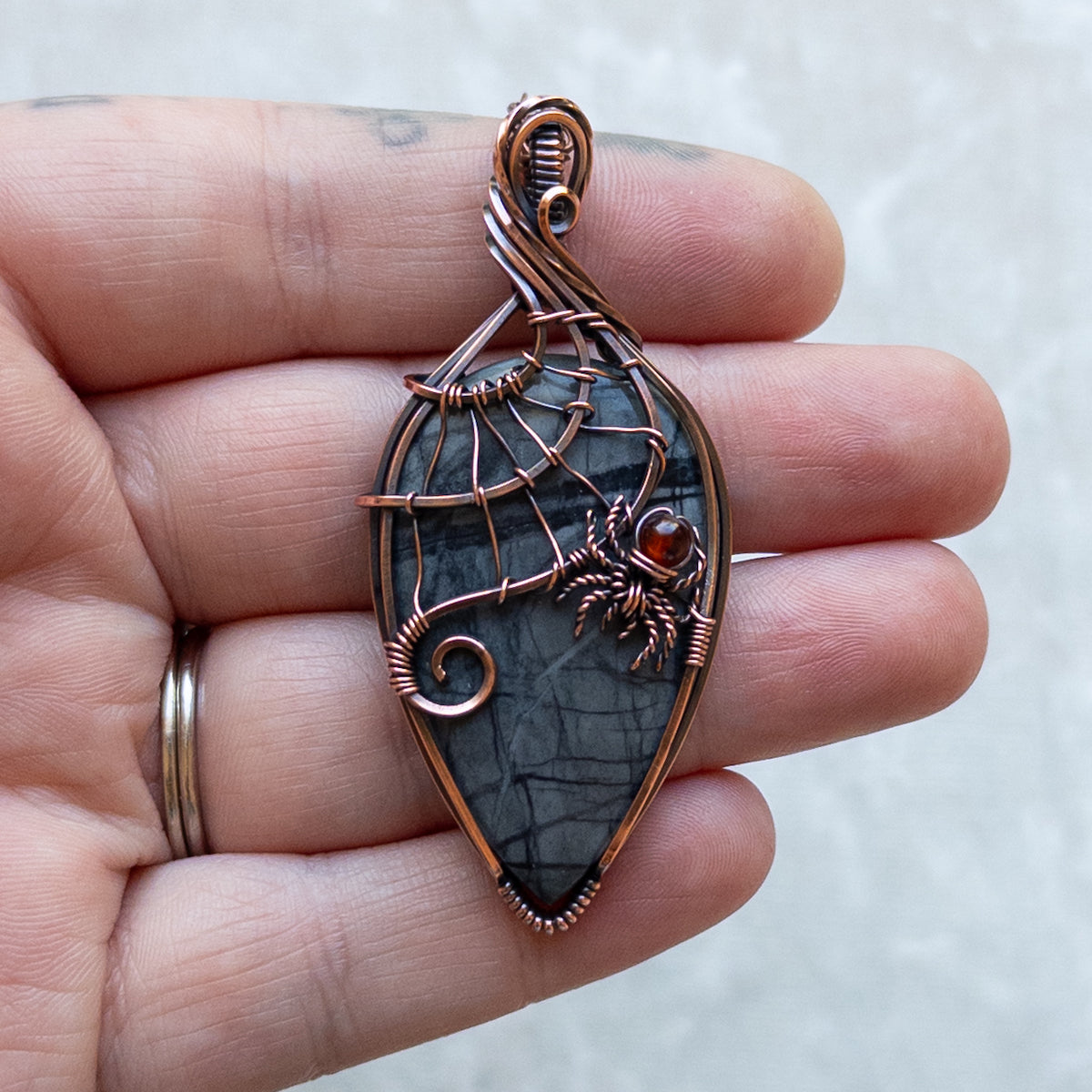 Picasso Jasper With Garnet Spider & Web Antiqued Copper Pendant