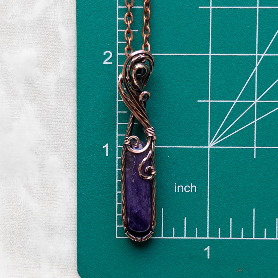Dainty Charoite Antiqued Copper Pendant