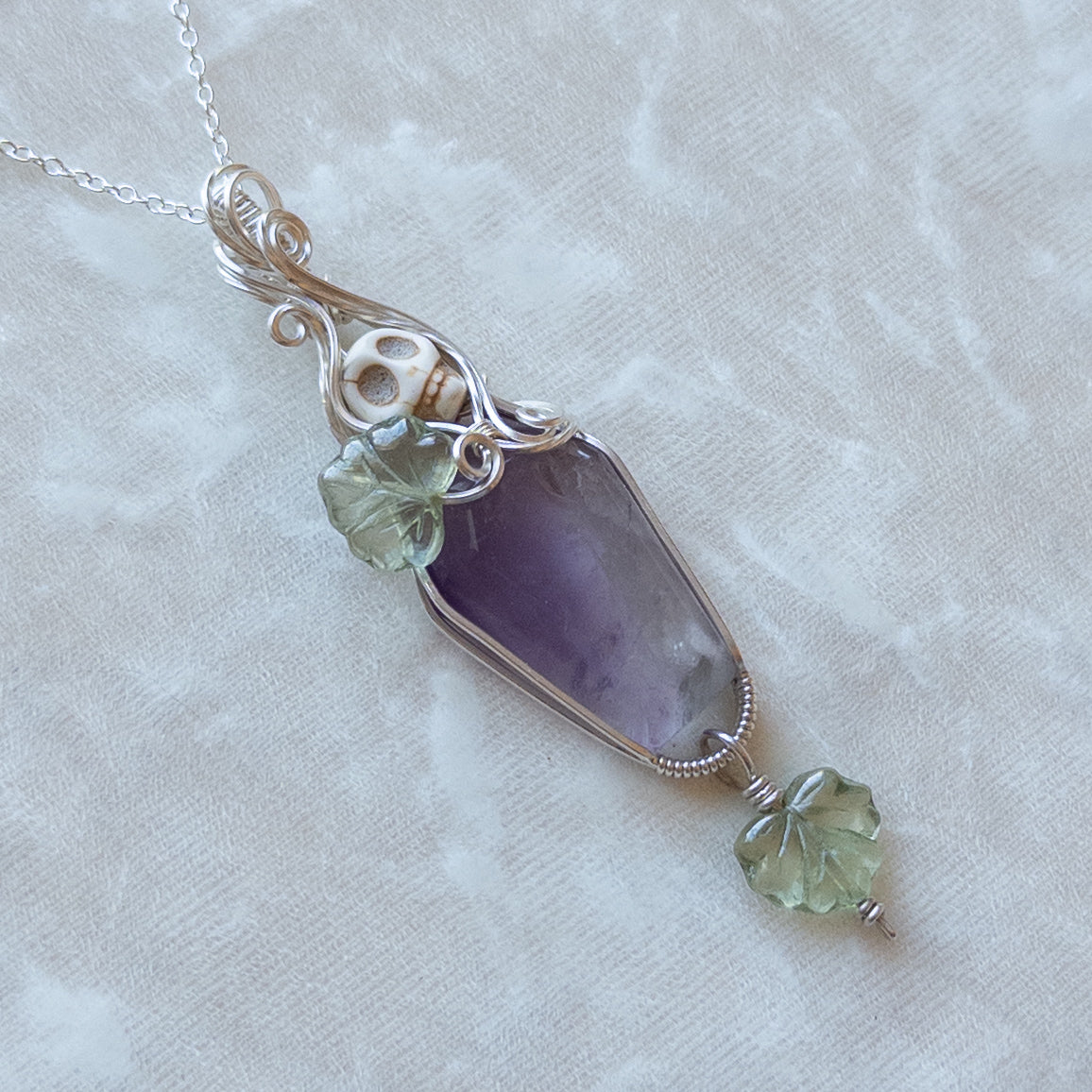 Pastel Amethyst Coffin & Skull Sterling Silver Pendant With Dangling Czech Glass Leaf