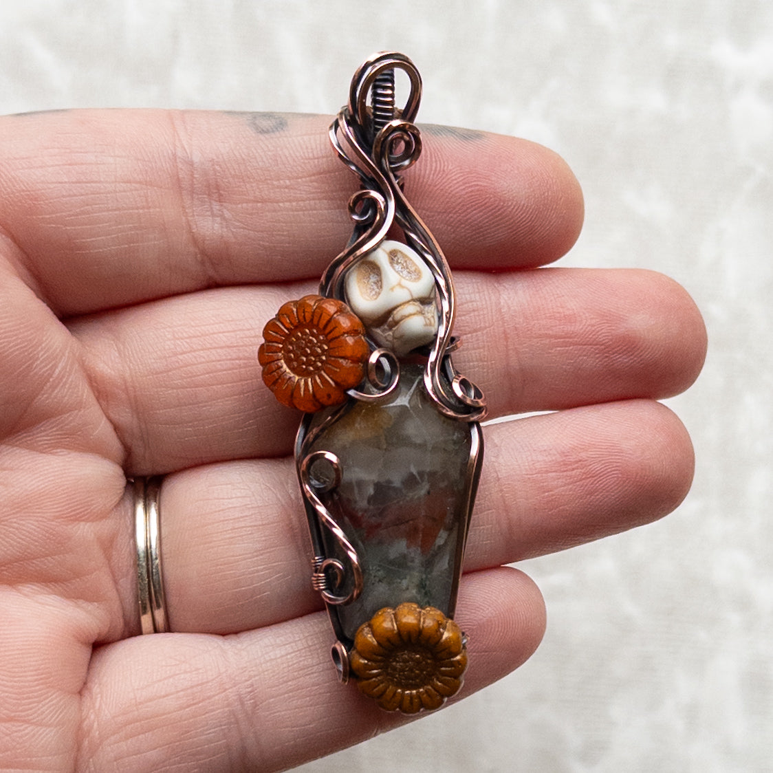 African Bloodstone Coffin, Skull, & Sunflower Antiqued Copper Pendant