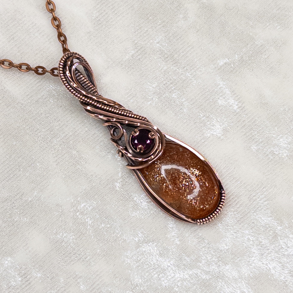 Sunstone & Pink Garnet Antiqued Copper Pendant