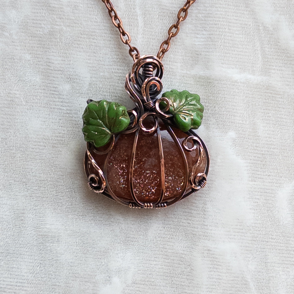 Confetti Sunstone Antiqued Copper Pumpkin Pendant With Czech Glass Leaves