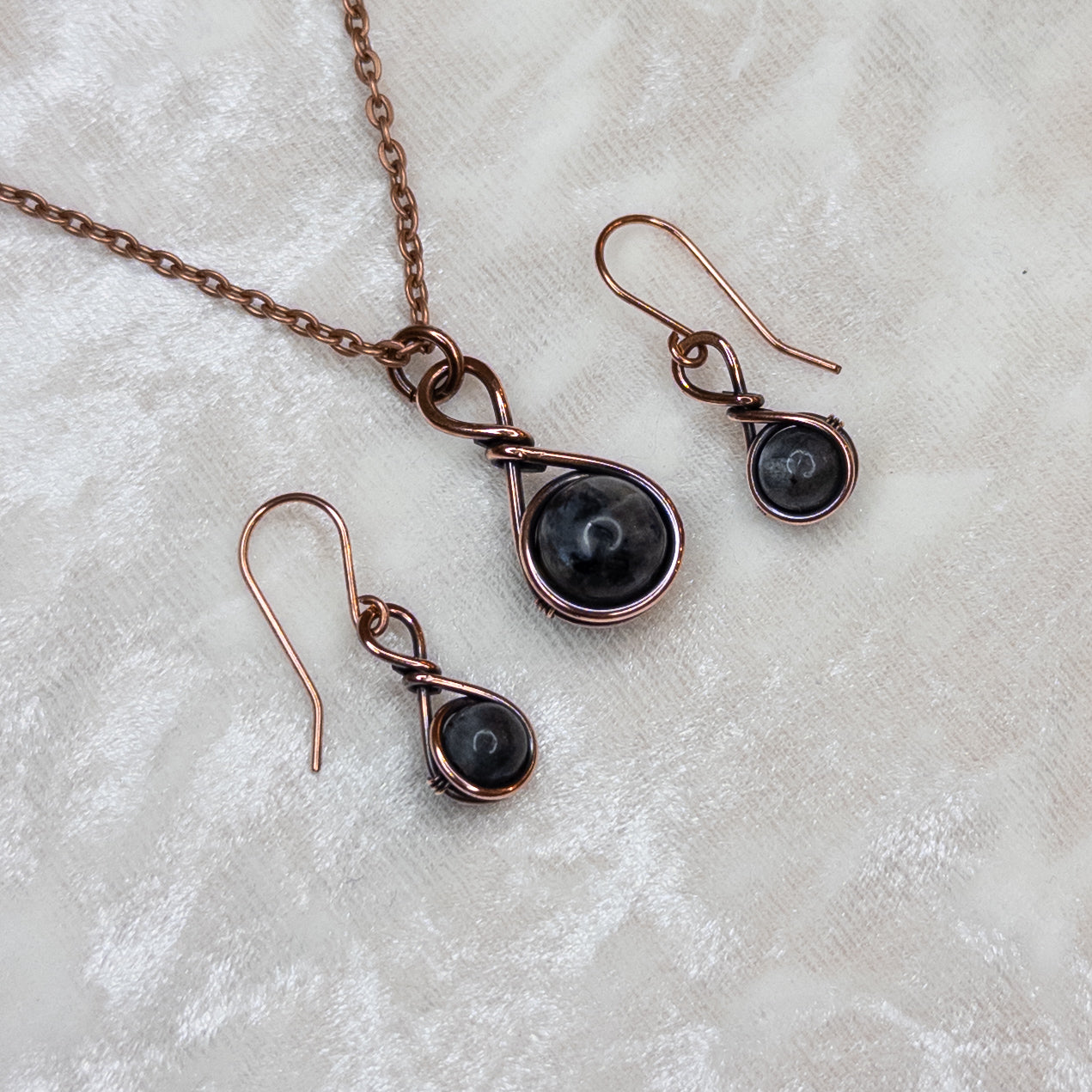 Drops Of Larvikite Antiqued Copper Necklace & Earring Set