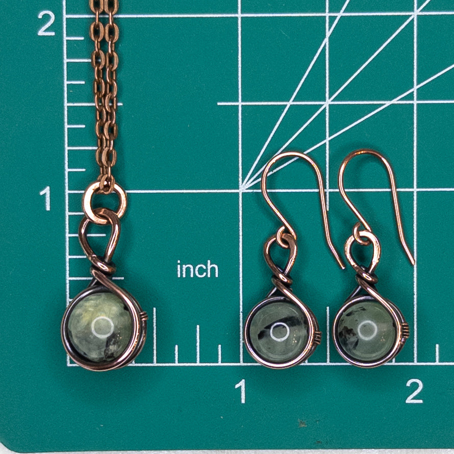 Drops of Prehnite Antiqued Copper Pendant & Earrings Set