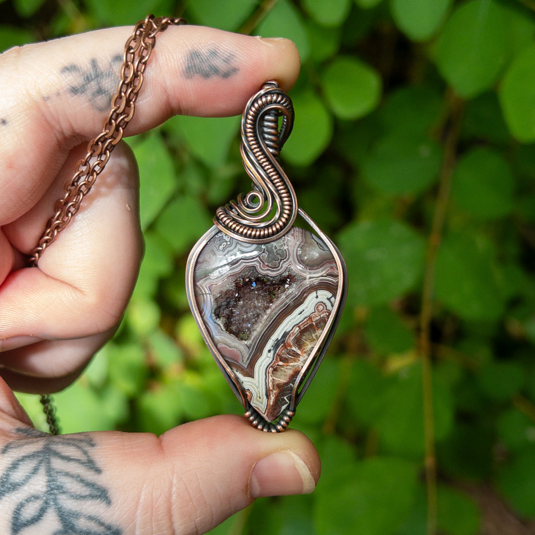 Mexican Lace Agate With Druzy Copper Wrapped Pendant