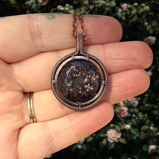 Faceted Bloodshot Iolite Antiqued Copper Medallion Pendant