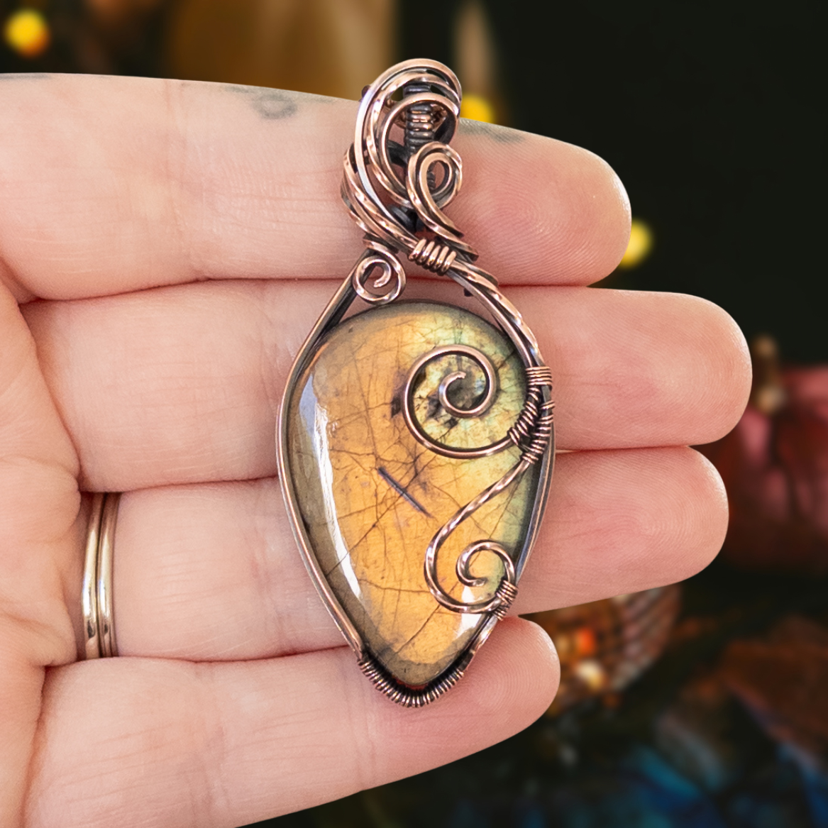 Orange & Yellow Labradorite Antiqued Copper Pendant