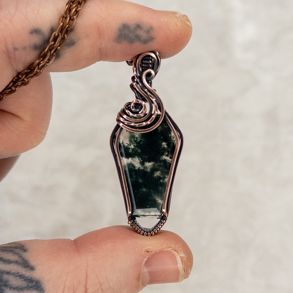 Moss Agate Coffin Antiqued Copper Pendant