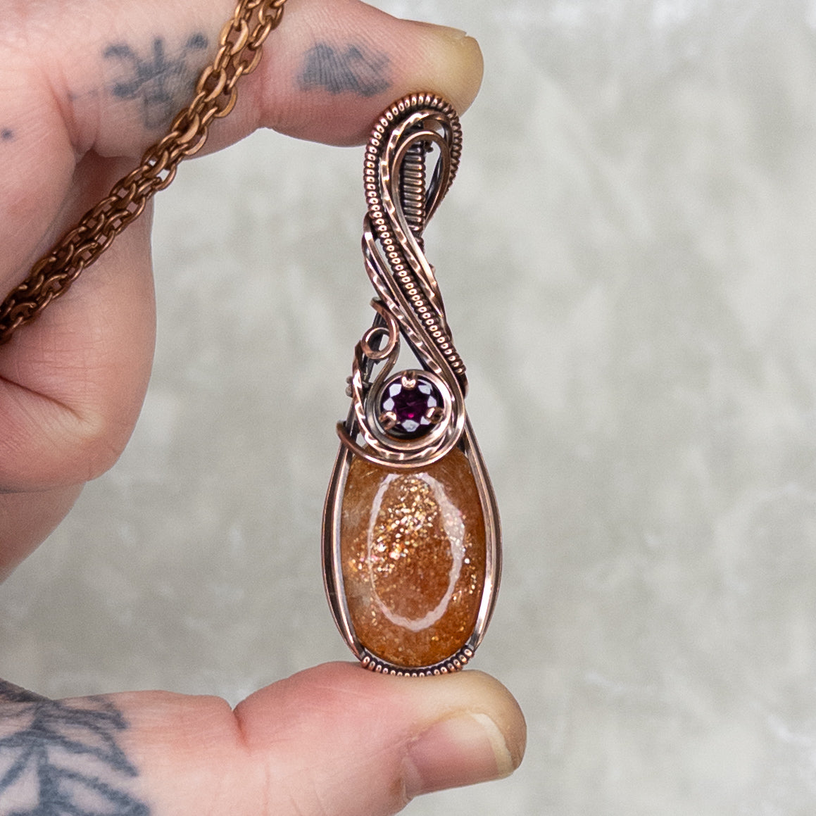 Sunstone & Pink Garnet Antiqued Copper Pendant