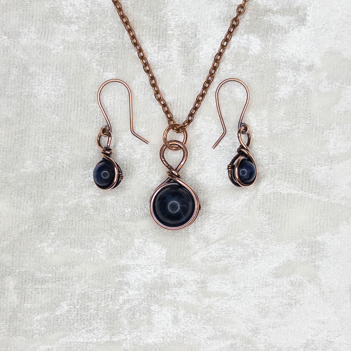Drops of Sodalite Antiqued Copper Necklace & Earring Set