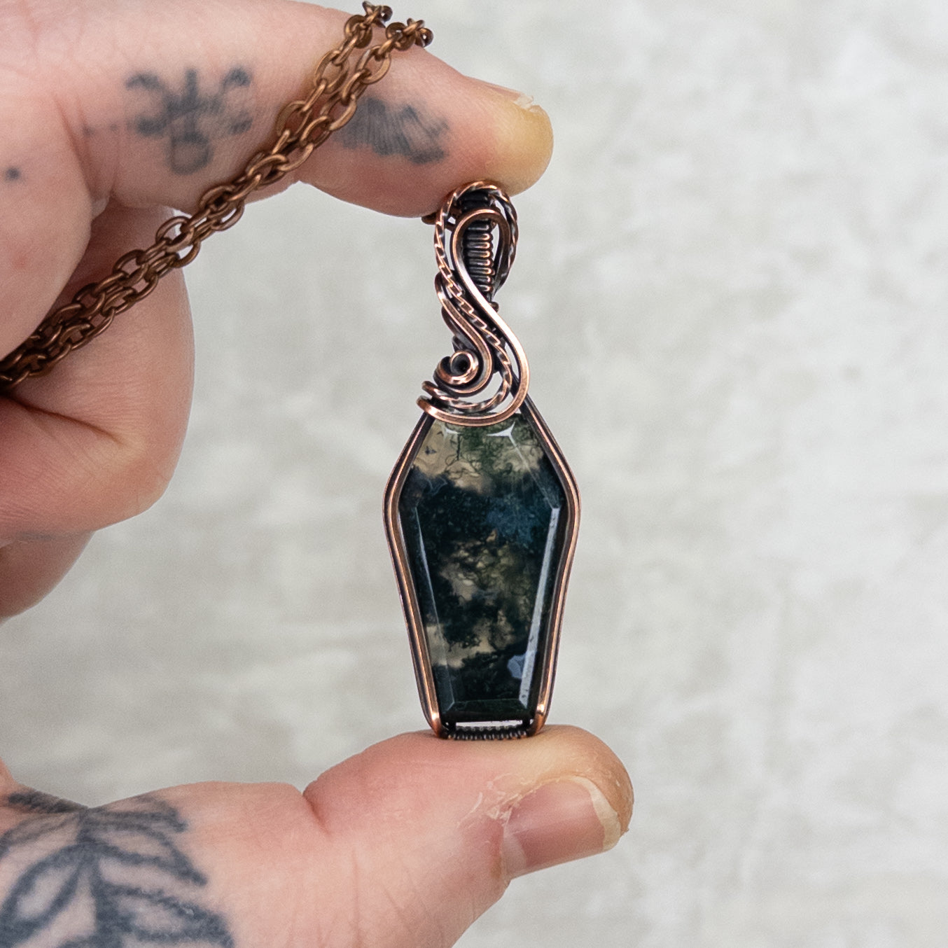 Moss Agate Coffin Antiqued Copper Pendant
