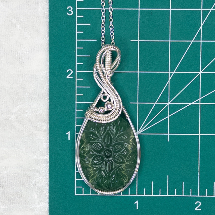 Floral Motif Carved Green Fluorite .925 Sterling Silver Pendant