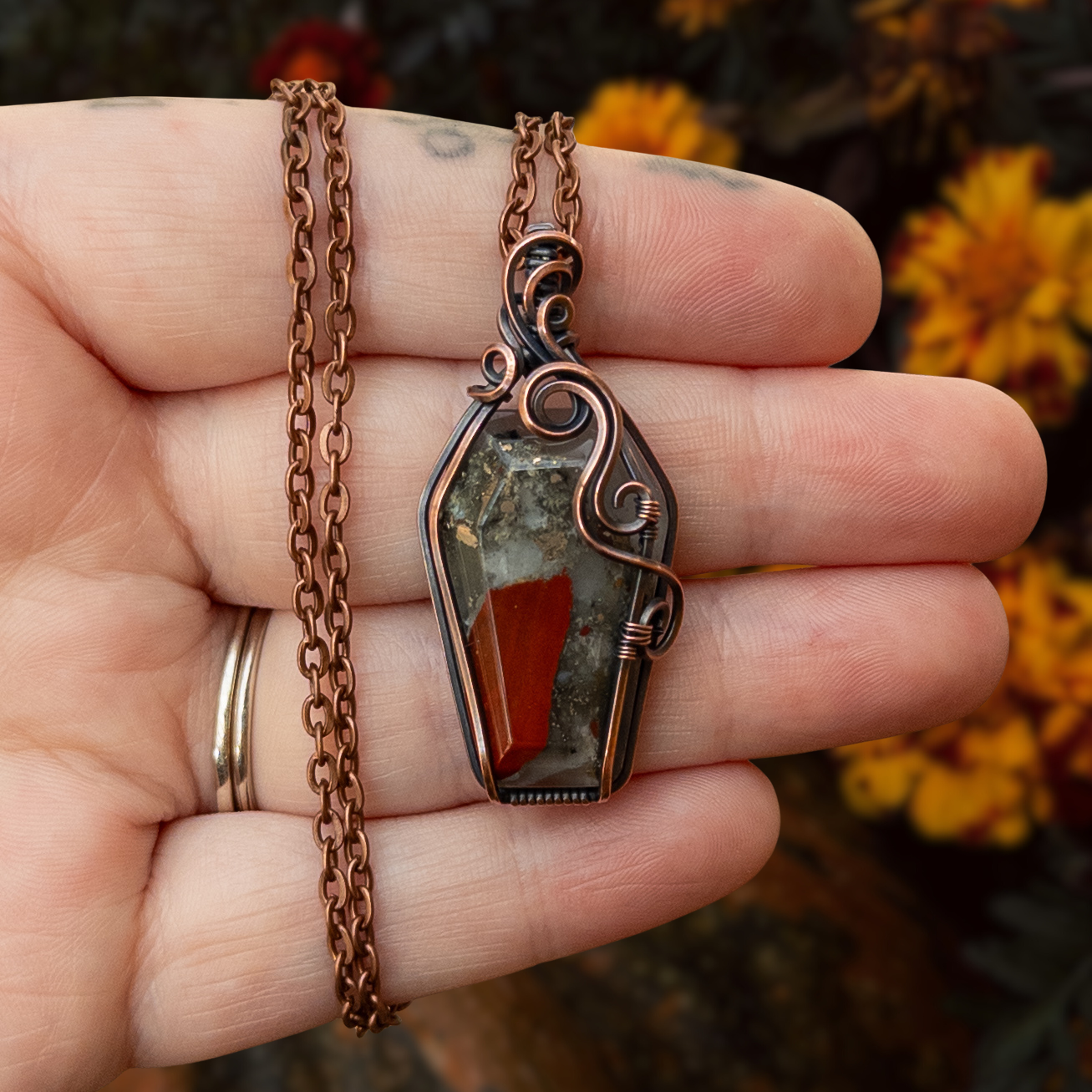 African Bloodstone Antiqued Copper Coffin Pendant
