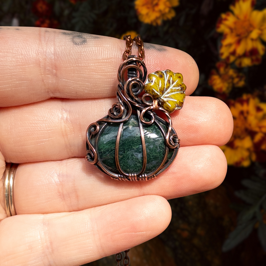 Moss Agate Antiqued Copper Pumpkin Pendant With Czech Glass Leaf