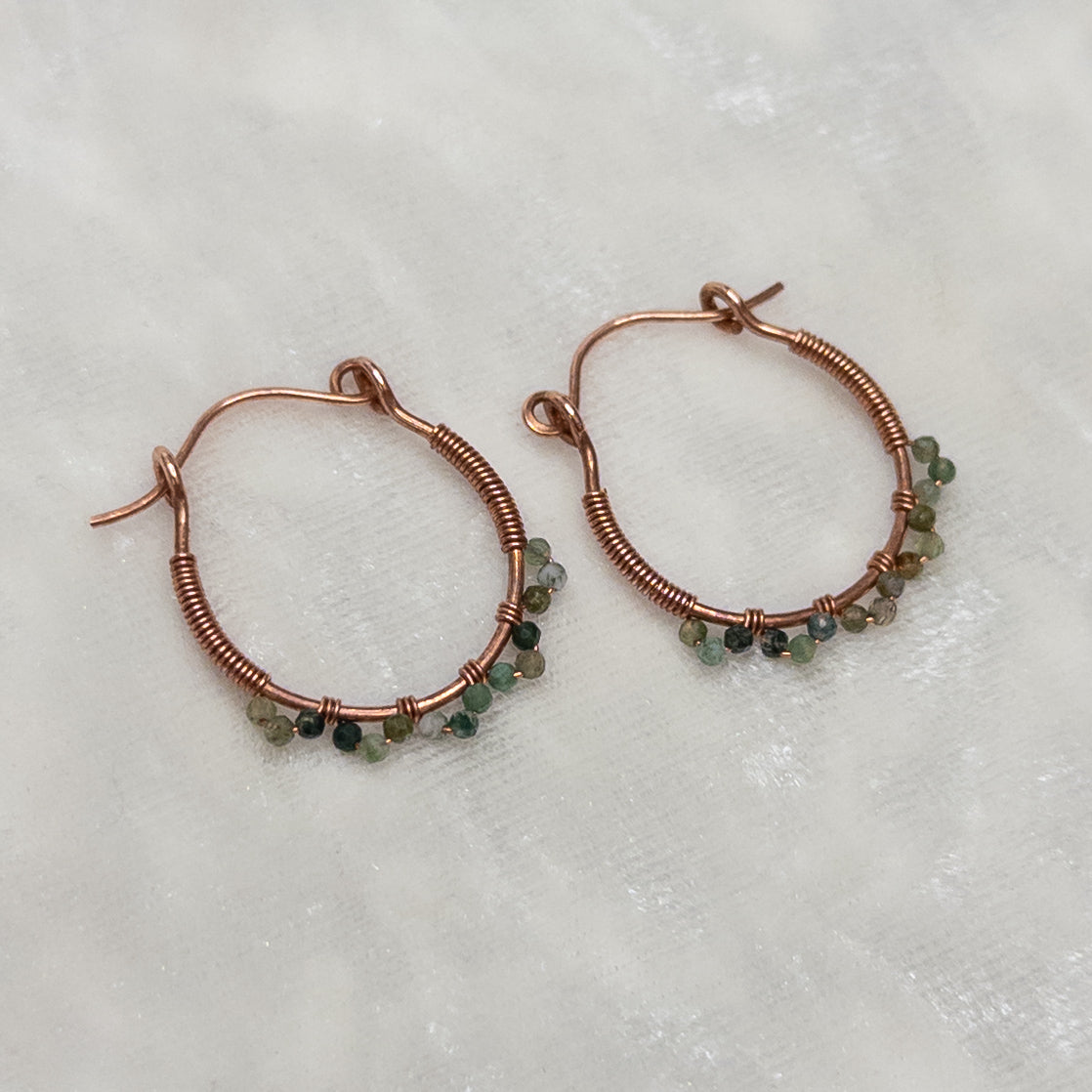 Moss Agate Copper Hinged Hoop Earrings