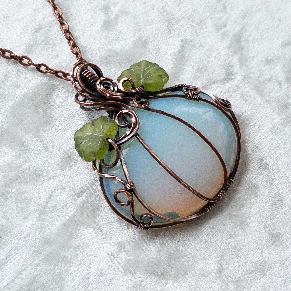 Opalite Glass Pumpkin Antiqued Copper Pendant With Czech Glass Leaves
