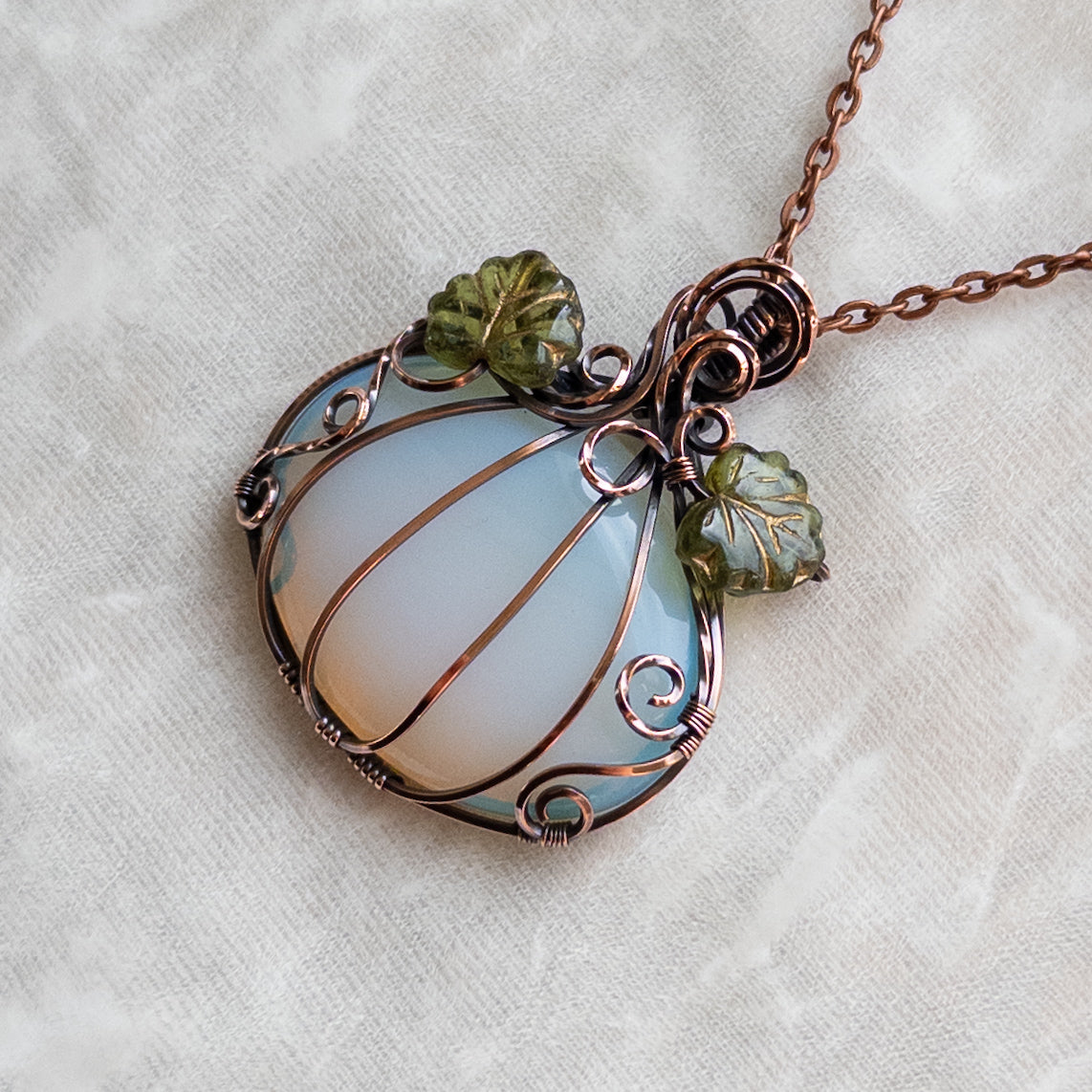Opalite Glass Antiqued Copper Pumpkin Pendant With Czech Glass Leaves