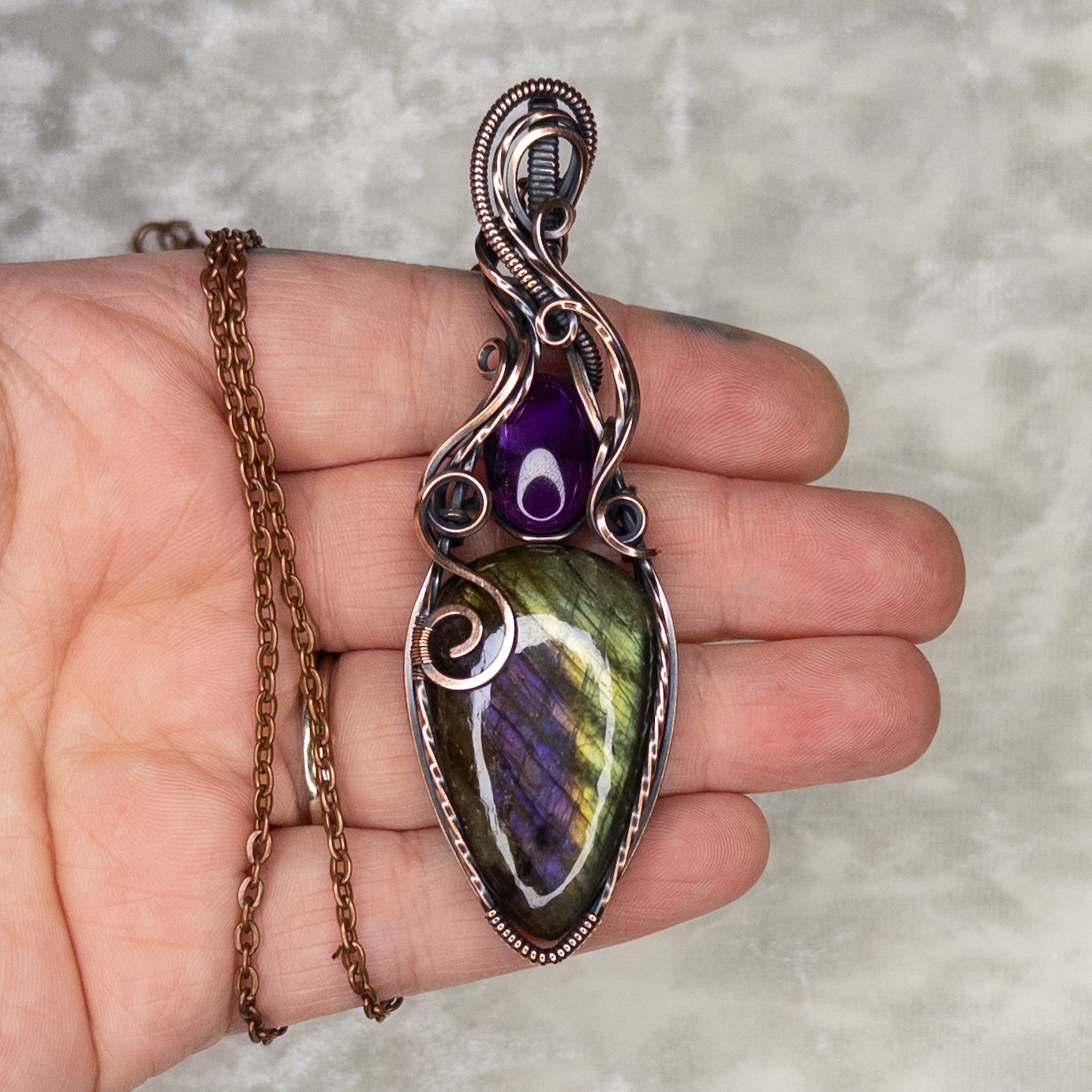 Unique Purple/Green Labradorite & Amethyst Antiqued Copper Statement Pendant