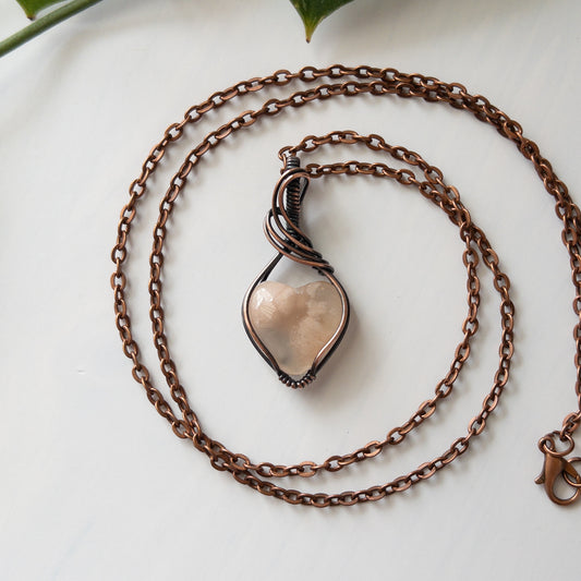 Flower Agate Heart & Copper Wrapped Pendant - A