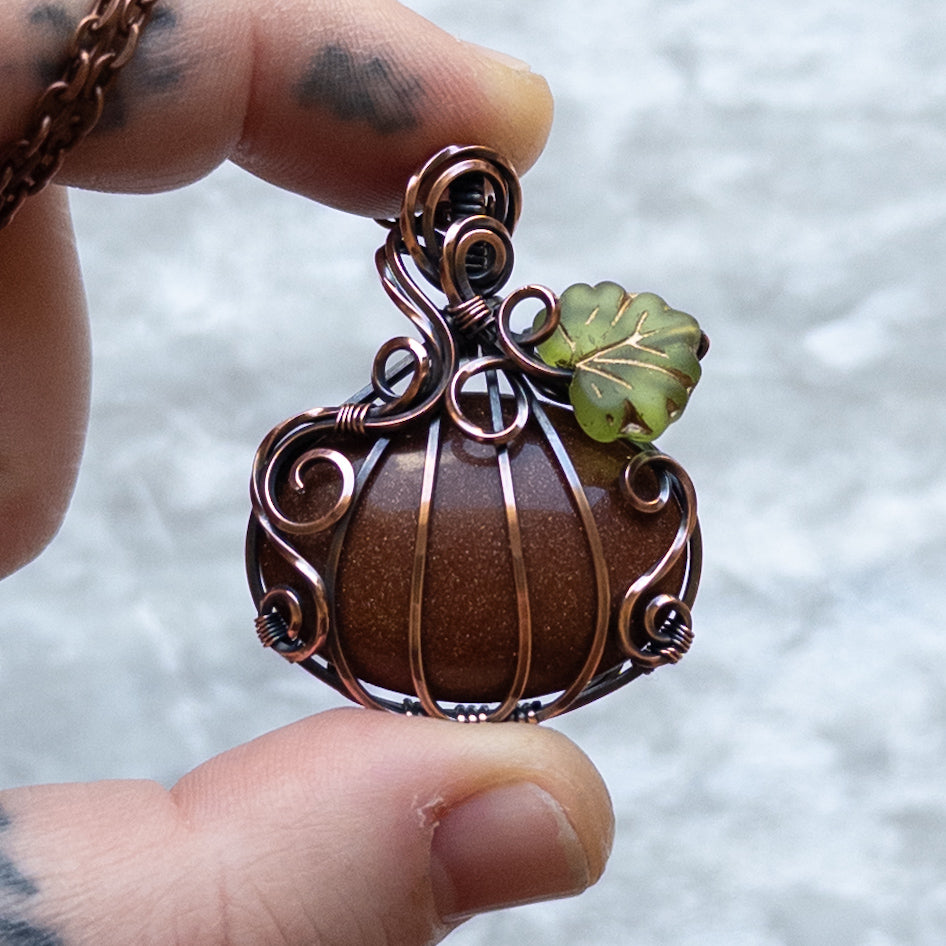 Orange Goldstone Pumpkin Pendant With Czech Glass Leaf - Antiqued Copper