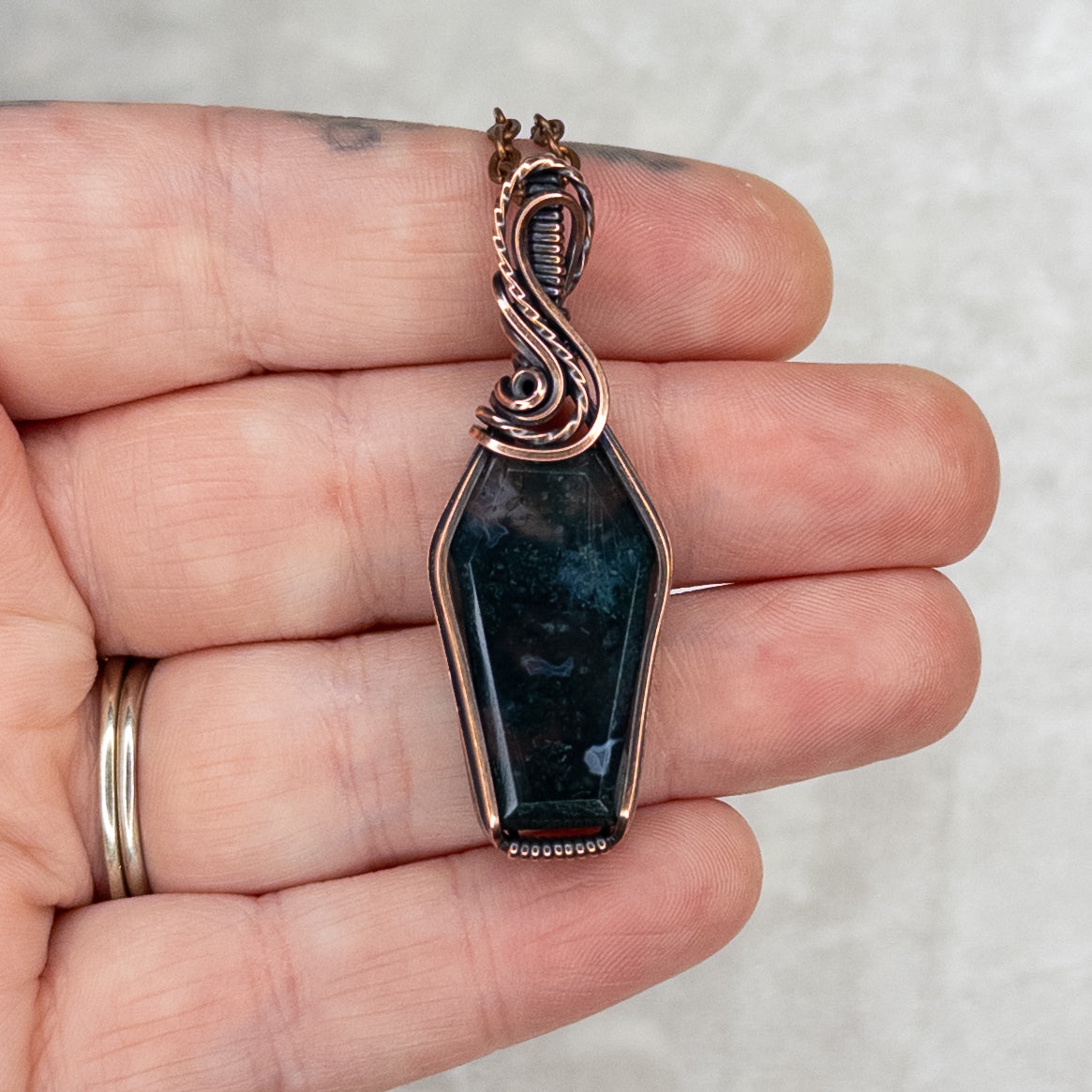 Moss Agate Coffin Antiqued Copper Pendant