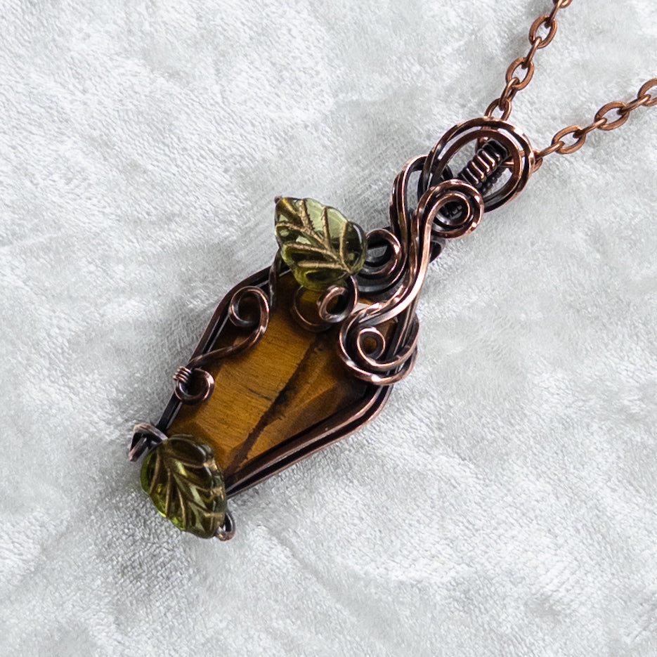Tiger’s Eye Coffin & Leaves Antiqued Copper Pendant