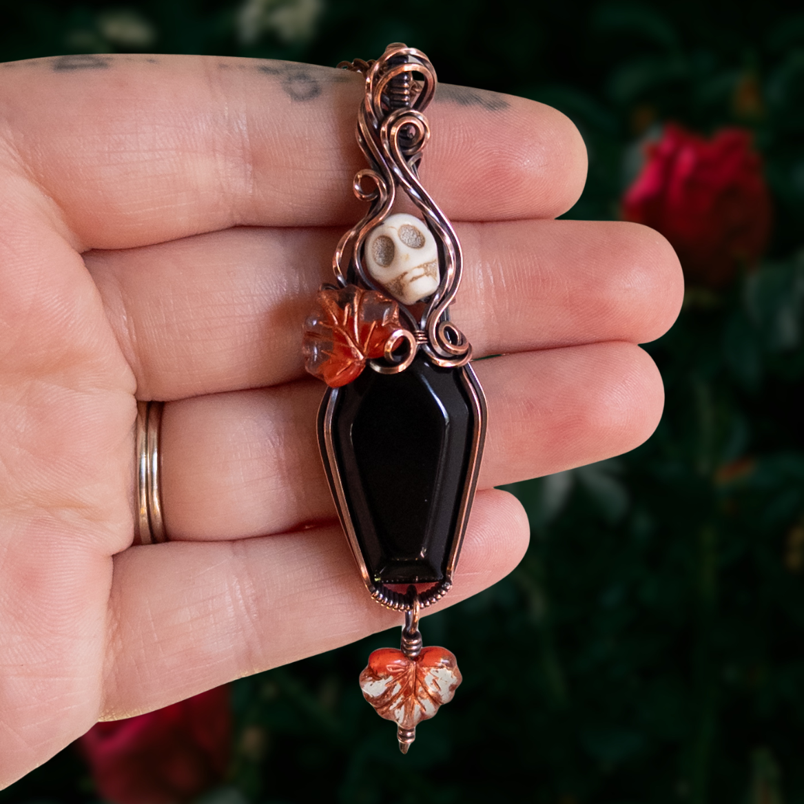Obsidian Coffin & Skull Antiqued Copper Pendant With Czech Glass Leaves