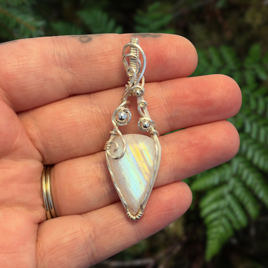 “Bubbles” Rainbow Moonstone & Sterling Silver Wrapped Pendant