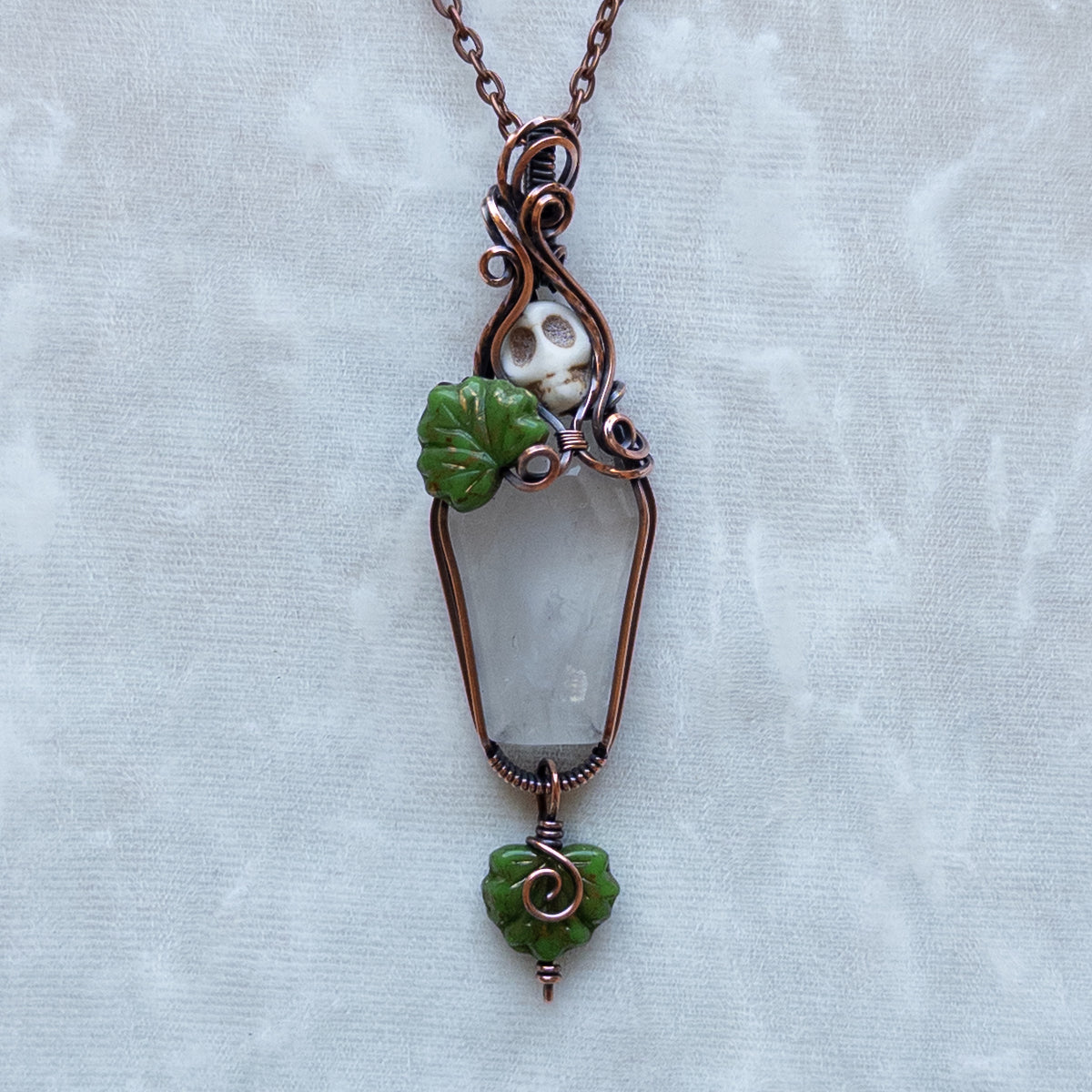 Quartz Coffin & Skull Antiqued Copper Pendant With Czech Glass Leaves