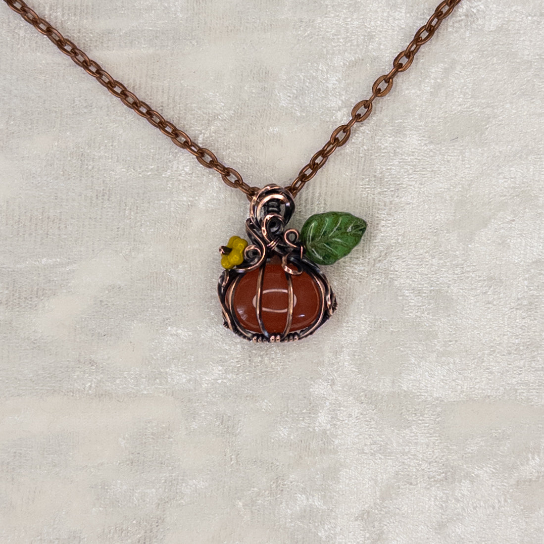 Dainty Carnelian Antiqued Copper Pumpkin Pendant with Czech Glass Blossom & Leaf