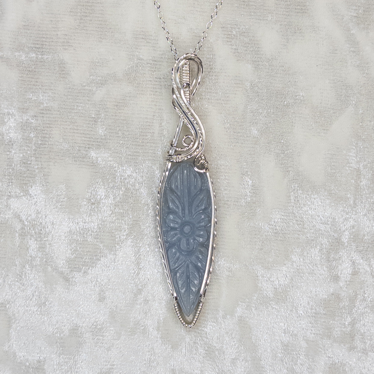 Flower Carved Angelite .925 Sterling Silver Pendant
